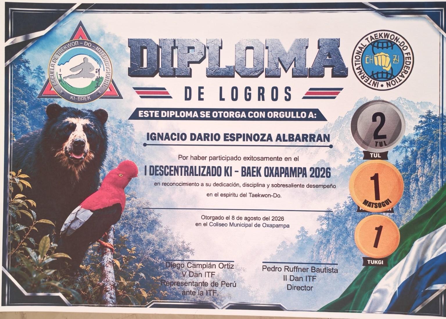 Diploma de logros de Ignacio en Oxapampa 2026
