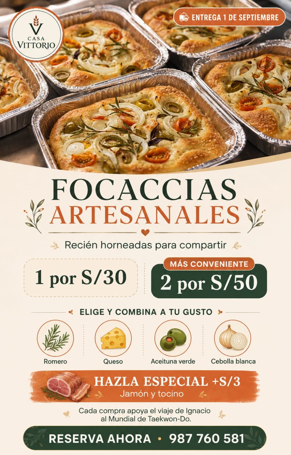 Campaña de focaccias artesanales para apoyar el viaje deportivo de Ignacio